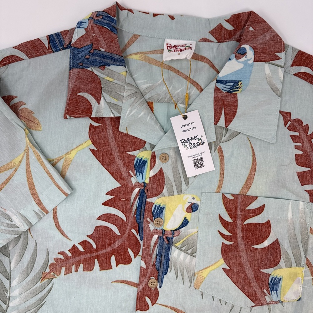 Barefoot in Paradise Mens Hawaiian Shirt Medium Macaw Parrot Tropical Cotton NEW